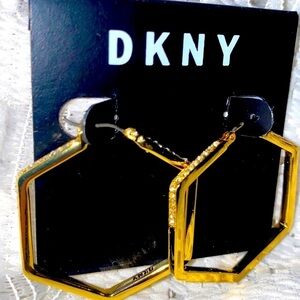 DKNY Crystal Black Enamel Gold Tone Hoop Earrings